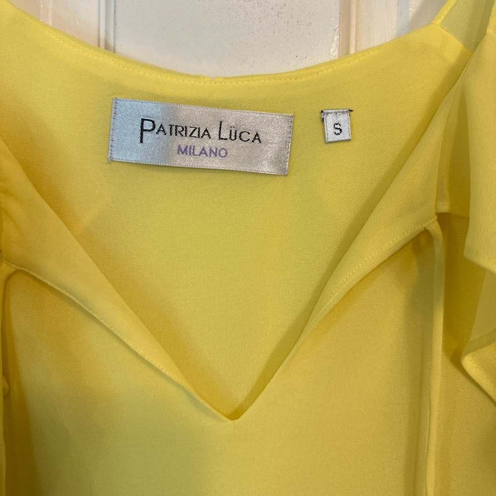 P. LUCA MILANO YELLOW V-NECK W/TIE RUFFLE MIDI‎  DRESS~ SIZE SMALL CLASSY - Picture 2 of 9